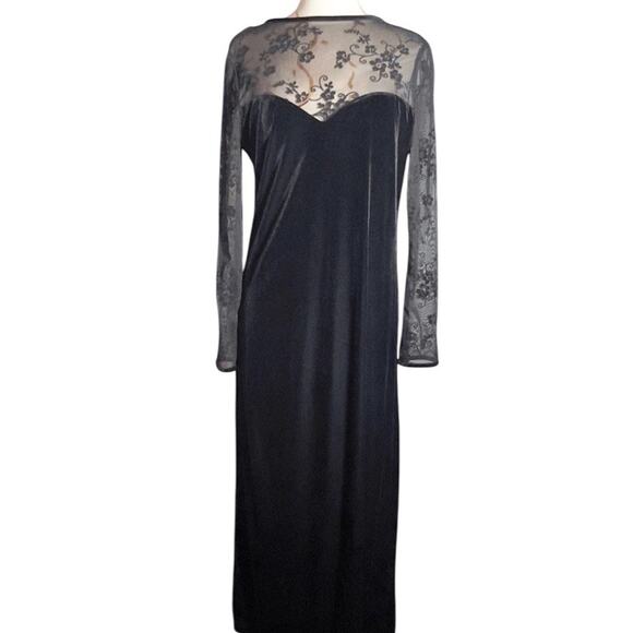 Vtg Y2K Black Velvet Maxi Dress Mesh Bodice Sleeve Whimsigoth Y2K Vampire Floral - Picture 5 of 16